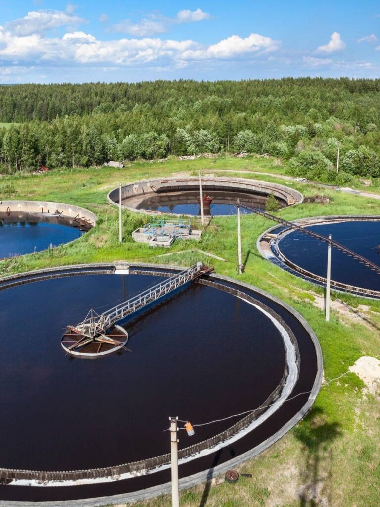 Aerial view of circular water treatment tanks